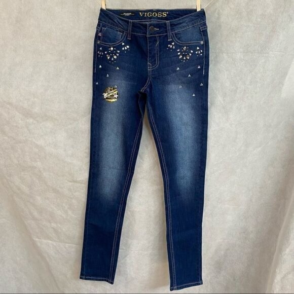 Vigoss Other - Vigoss The Jagger Stretch Demin Rhinestone Dark Blue Jeans Girls Size 14